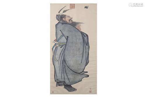 ZHONG KUI. INK AND COLOUR ON PAPER, HANGING SCROLL CHINESE PAINTING.