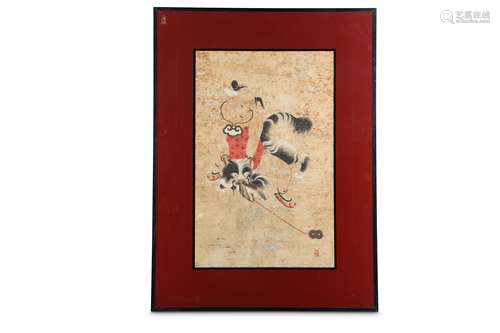 A CHINESE PAINTING ON PAPER OF A BOY AND A CAT.