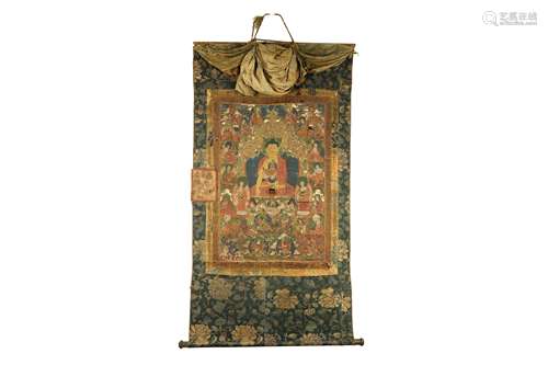 A SINO-TIBETAN THANGKA HANGING SCROLL OF BUDDHA SAKYAMUNI.