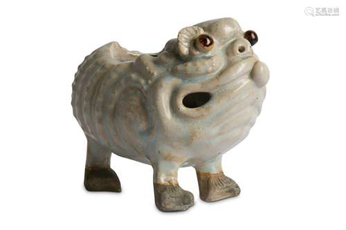 A CHINESE PALE BLUE-GLAZED BISCUIT ‘THREE-LEGGED TOAD’ INCENSE BURNER.