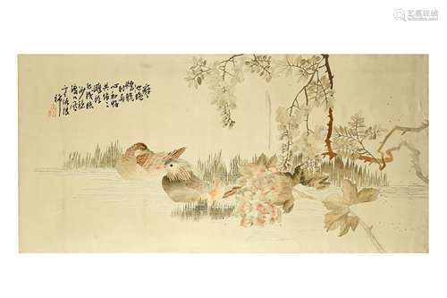 A CHINESE SILK EMBROIDERY PANEL OF MANDARIN DUCKS.