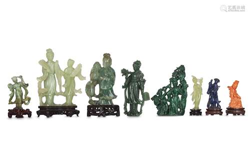 A SMALL COLLECTION OF CHINESE HARDSTONE CARVINGS OF IMMORTAL MAIDENS.