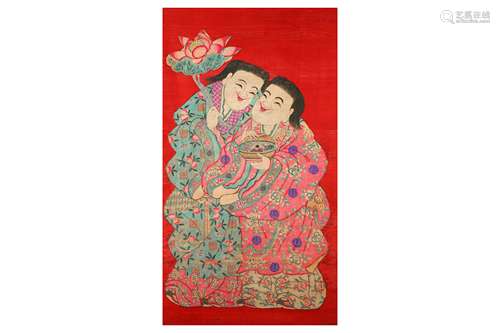 A CHINESE RED-GROUND 'HE HE ER XIAN' TEXTILE HANGING SCROLL.