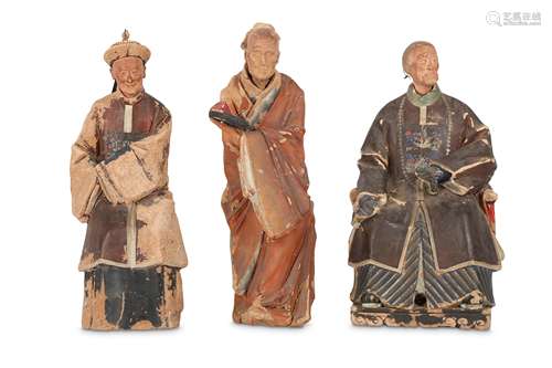 THREE LARGE CHINA TRADE POLYCHROMED PLASTERWORK FIGURES.