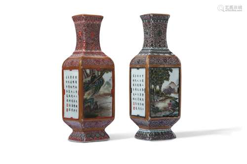 A NEAR-PAIR OF SMALL CHINESE RECTANGULAR-SECTION VASES.