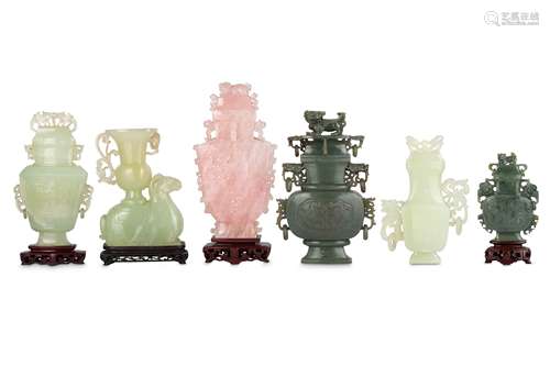 SIX CHINESE HARDSTONE VASES AND COVERS.