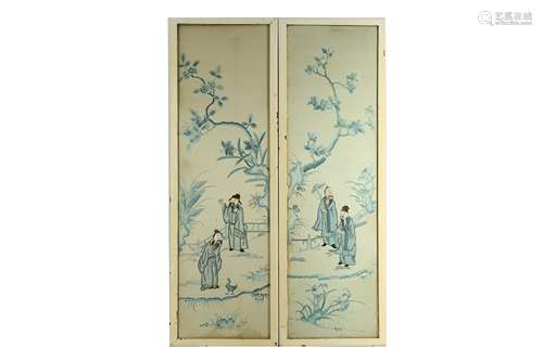 A CHINESE TWO PANEL EMBROIDERED SILK ‘SAGES’ SCREEN.