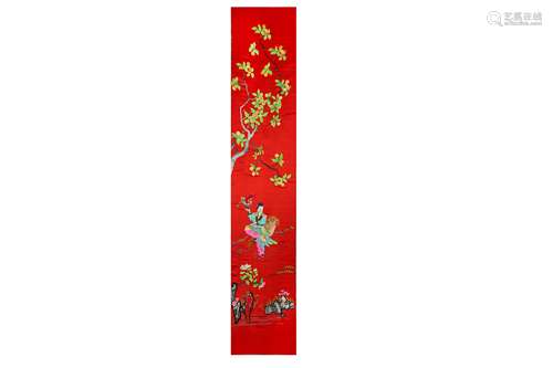 A CHINESE RED-GROUND 'MAGU' EMBROIDERED TEXTILE HANGING SCROLL.