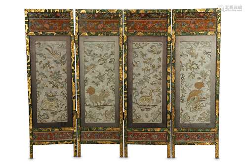 A CHINESE FOUR PANEL EMBROIDERED MINIATURE SCREEN.