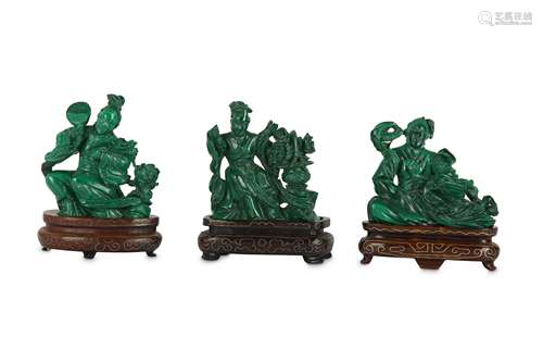 THREE CHINESE MALACHITE 'LADIES' CARVINGS.