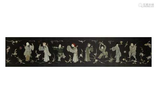 A CHINESE BLACK-GROUND EMBROIDERED 'EIGHT IMMORTALS' SILK PANEL.