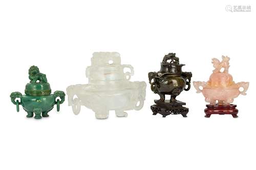 FOUR CHINESE HARDSTONE INCENSE BURNERS AND COVERS.