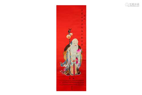 A CHINESE RED-GROUND 'SHOULAO' EMBROIDERED TEXTILE HANGING SCROLL.