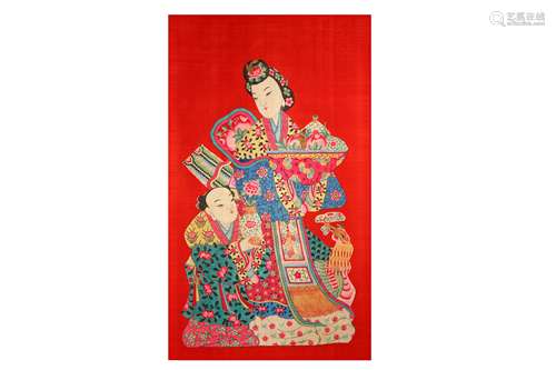 A CHINESE RED GROUND 'LADY AND BOY' TEXTILE HANGING SCROLL.