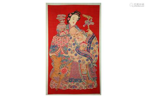 A CHINESE RED-GROUND 'MAGU AND SHOULAO' TEXTILE HANGING SCROLL.