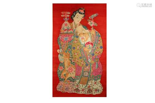 A CHINESE RED-GROUND 'MAGU AND SHOULAO' TEXTILE HANGING SCROLL.