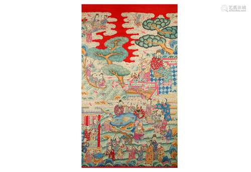 A CHINESE RED-GROUND ‘IMMORTALS’ TEXTILE HANGING SCROLL.