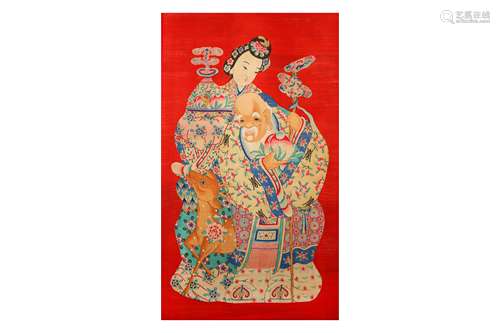 A CHINESE RED-GROUND 'MAGU AND SHOULAO' TEXTILE HANGING SCROLL.