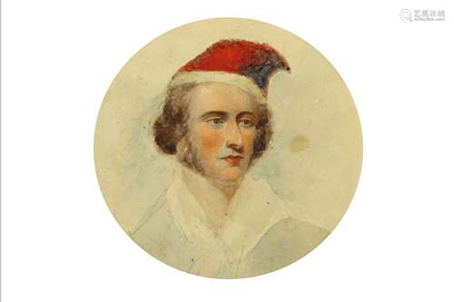 A PORTRAIT MINIATURE OF LORD BYRON WEARING A SMOKING HAT