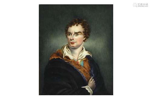 A PORTRAIT MINIATURE OF LORD BYRON WEARING CLOAK WITH FUR TRIM