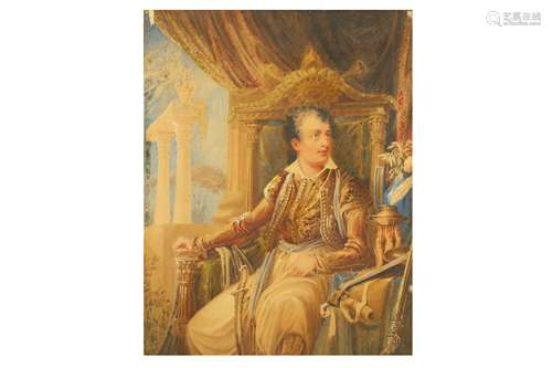 A PORTRAIT OF LORD BYRON ON A THRONE WITH GREEK RUINS IN THE BACKGROUND