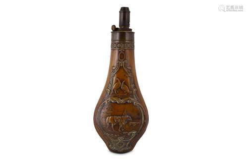 AN EMBOSSED COPPER POWDER FLASK ENGRAVED 'LORD BYRON NEWSTEAD ABBEY NOTT’S'