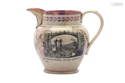 A PINK LUSTREWARE COMMEMORATIVE JUG WITH BYRON LEAVING FOR HIS FIRST TRIP TO GREECE