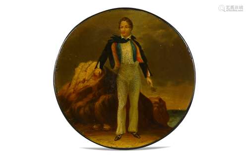 A CIRCULAR PAPIER-MÂCHÉ SNUFF BOX WITH BYRON LEAVING FOR HIS FIRST TRIP TO GREECE