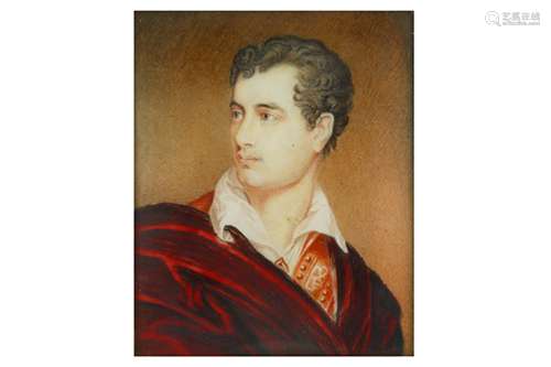 A PORTRAIT MINIATURE OF LORD BYRON WEARING A RED CLOAK