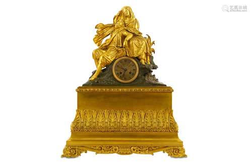 A GILT AND PATINATED BRONZE FIGURAL CLOCK WITH BYRON IN THE ARMS OF GREECE