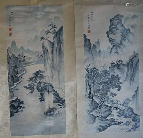 Two Ink Paintings of Mountains and River