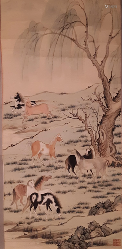 Chinese painting. Horses and landscape