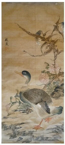 Chinese Painting A Duck and Water Plants on Silk.