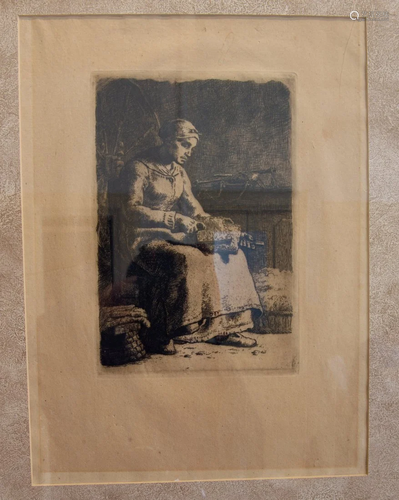 J.F. Millet Etching. La Cardeuse.