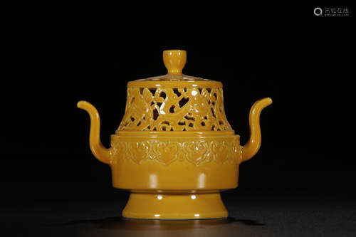 A Chinese Yellow Glazed Carved Porcelain Incense Burner