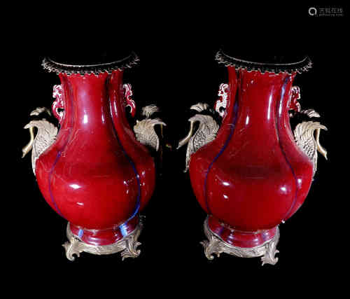 A Pair of Red Glazed Chinese Porcelain Vases