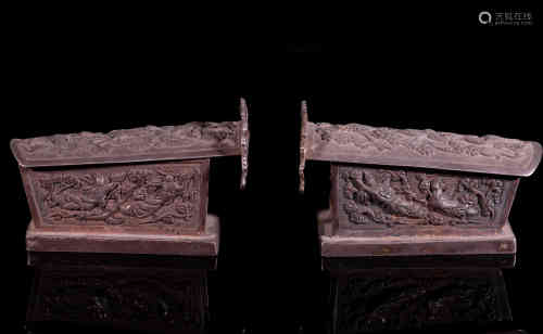 A Pair of Chinese Carved Silver Coffins