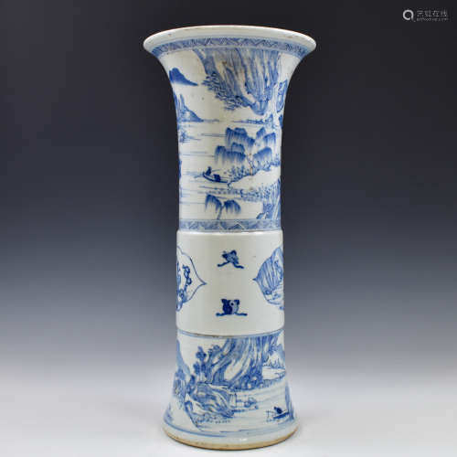 MING BLUE & WHITE LANDSCAPE MOTIF GU VASE