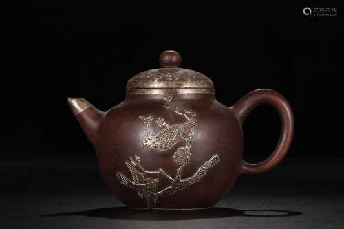 A Chinese Zisha Purple Clay Silvering Pot 