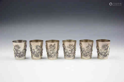 6 Chinese Carved Silver Shots