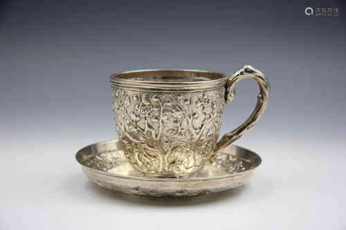 A Chinese Carved Silver Cup with a Tray