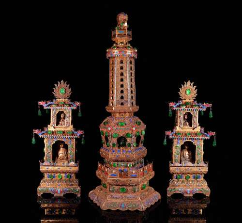 A Set of Chinese Bronze Gilding Pagodas