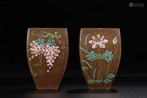 A Pair of Chinese Zisha Purple Clay Squared Flower Pots