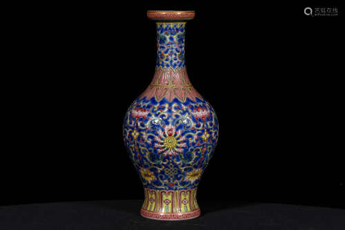 A Pair of Chinese Famille Rose Blue Ground Porcelain Vases