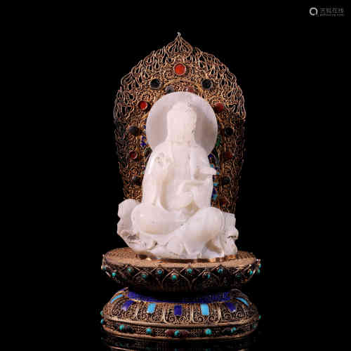 A Chinese Jade Guanyin with a Silver Pedestal