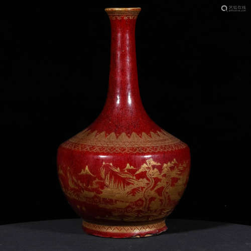 A Chinese Red Glazed Gilt Porcelain Flask