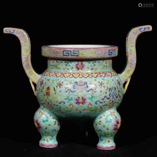 A Chinese Famille Rose Green Ground Porcelain Incense Burner