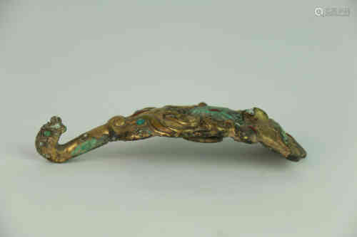 A Chinese Bronze Gilding Hook Inlaid with Gems