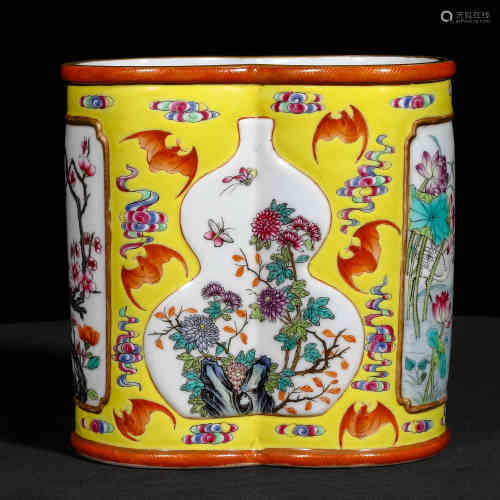 A Chinese Famille Rose Yellow Ground Porcelain Brush Pot