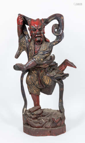 Large 19th Chinese Antique Wood Figure of Kuixing